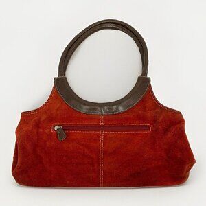 Orangish Red Suede Crescent Shoulder Handbag - Brown Circle Handles + Trim